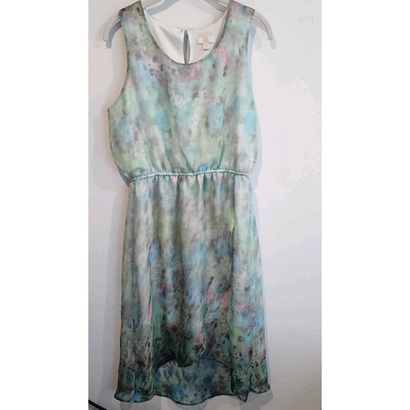 Chiffon Summer Dress Midi Sz M Pastel Watercolor Floral Roses Sleeveless Flowy - Picture 1 of 9